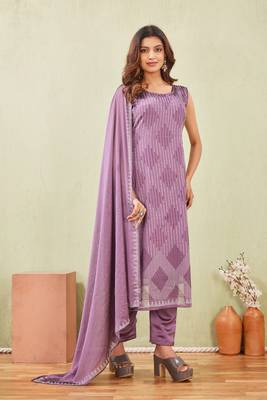 Purple siroski work rangoli straight cut dress material unstitched 7