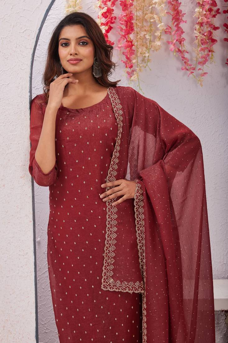 Maroon siroski work crunchy straight cut dress material unstitched