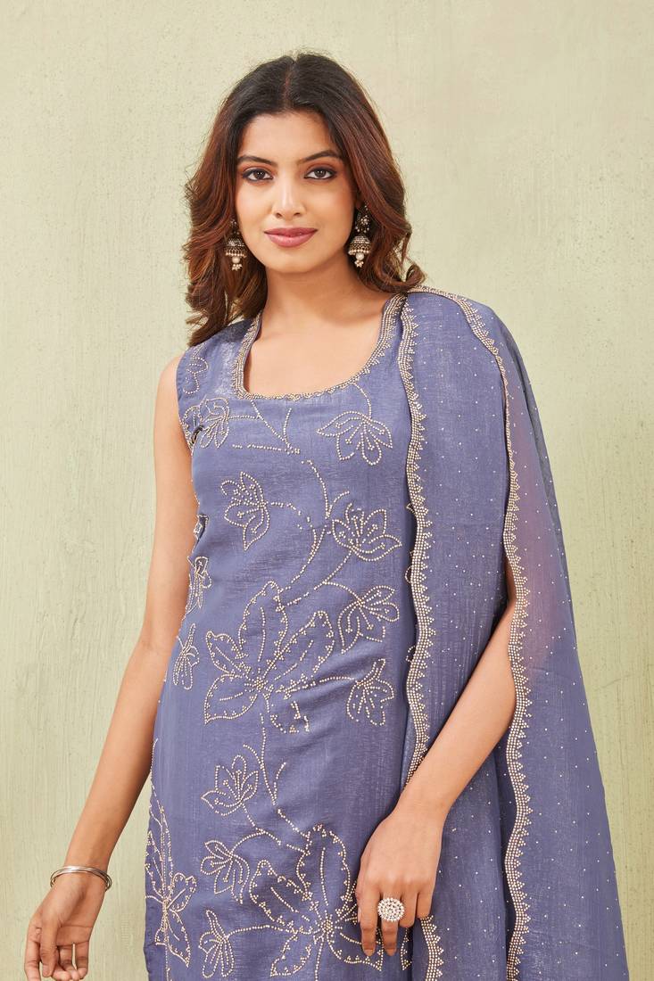 Grey siroski work crunchy straight cut dress material unstitched