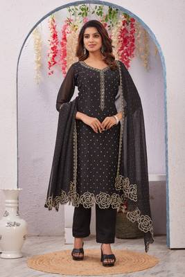 Black siroski work crunchy straight cut dress material unstitched 7