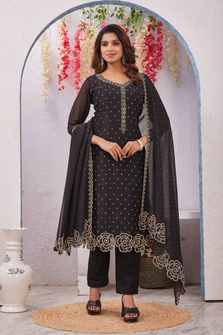 Black siroski work crunchy straight cut dress material unstitched