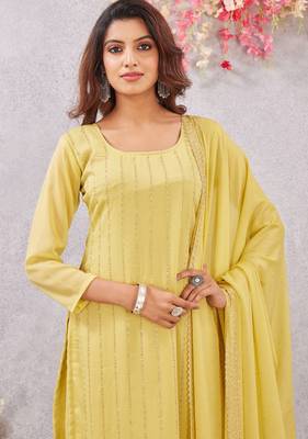 Yellow siroski work  star georgette straight cut dress material unstitched 7