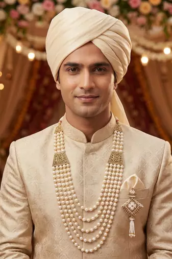   groom sherwani necklace moti mala layered for wedding | groom mala with brooch set