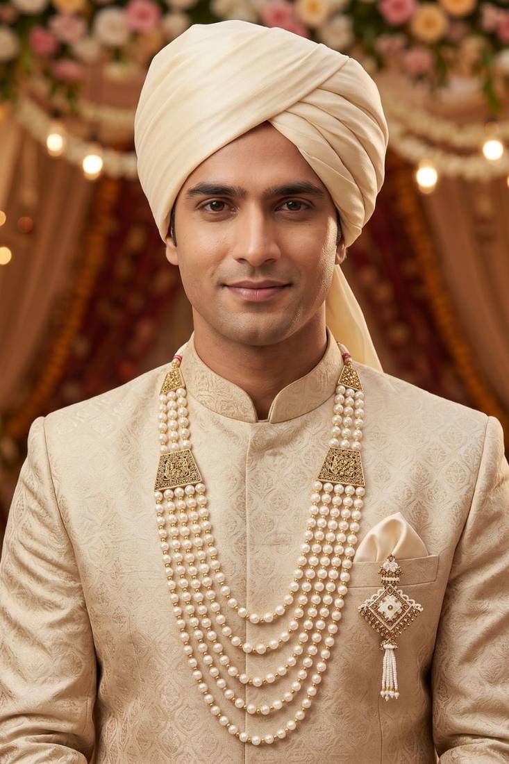   groom sherwani necklace moti mala layered for wedding | groom mala with brooch set