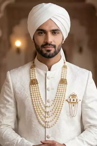   groom sherwani necklace moti mala layered for wedding | groom mala with brooch set