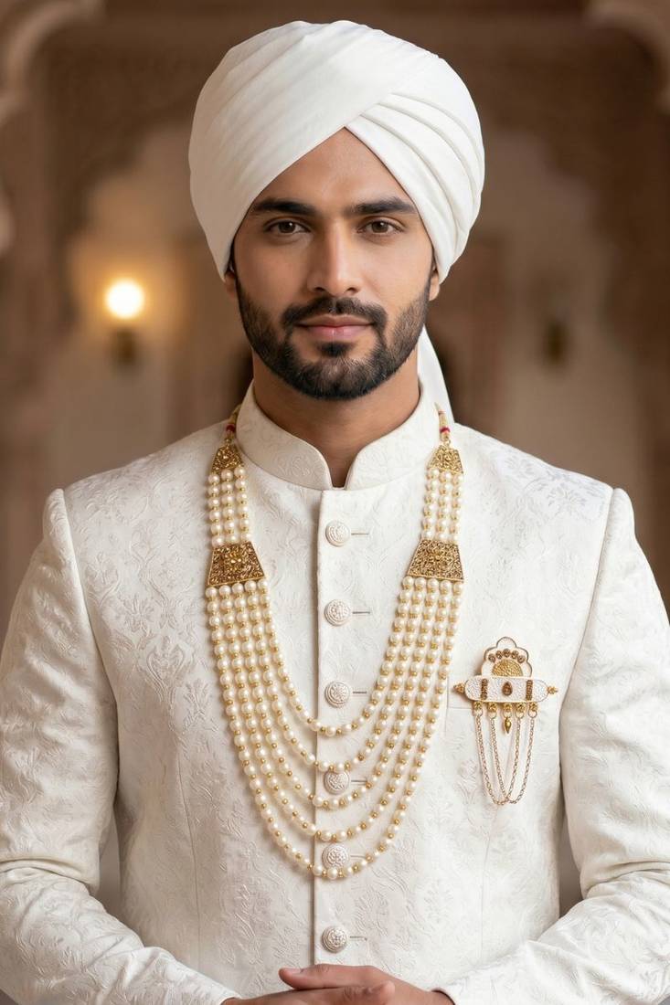   groom sherwani necklace moti mala layered for wedding | groom mala with brooch set