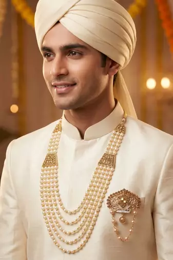   groom sherwani necklace moti mala layered for wedding | groom mala with brooch set
