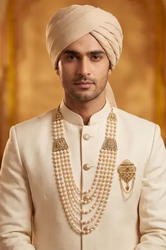   groom sherwani necklace moti mala layered for wedding | groom mala with brooch set
