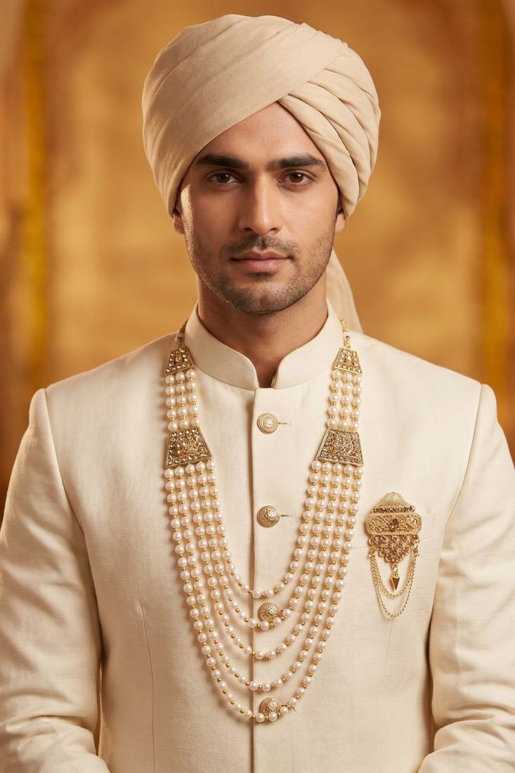   groom sherwani necklace moti mala layered for wedding | groom mala with brooch set