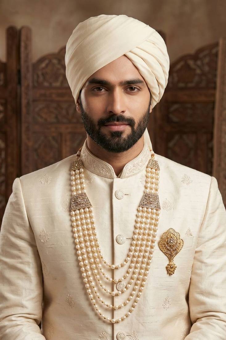   groom sherwani necklace moti mala layered for wedding | groom mala with brooch set