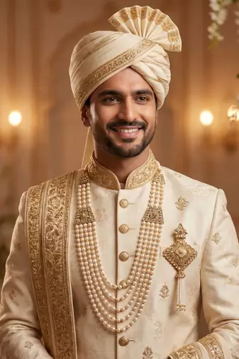   groom sherwani necklace moti mala layered for wedding | groom mala with brooch set