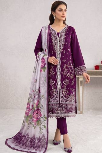 Wine color embroideried blended cotton semi stitched salwar suit