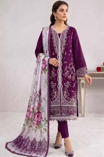Wine color embroideried blended cotton semi stitched salwar suit