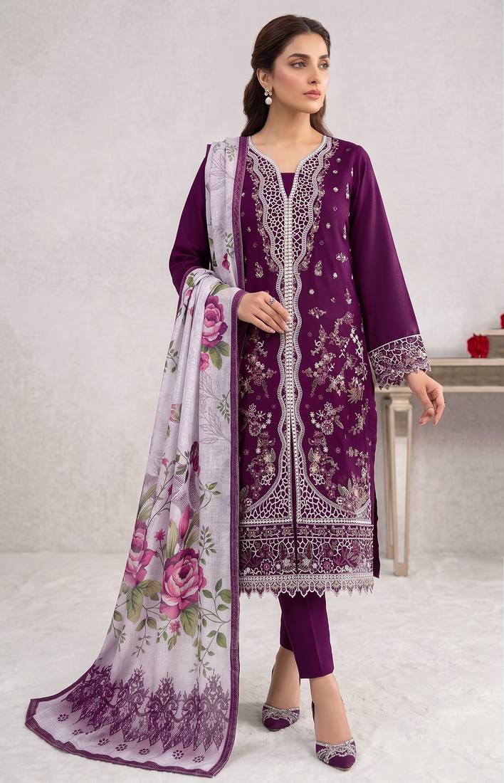 Wine color embroideried blended cotton semi stitched salwar suit