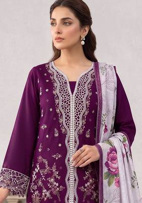 Wine color embroideried blended cotton semi stitched salwar suit 2