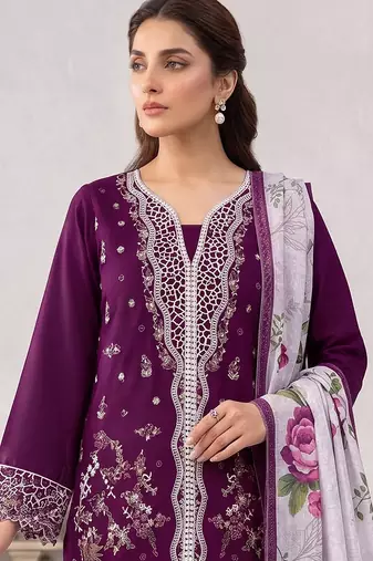 Wine color embroideried blended cotton semi stitched salwar suit