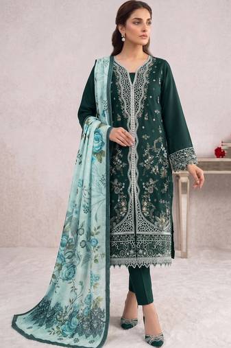 Dark sea green embroidered cotton salwar suit