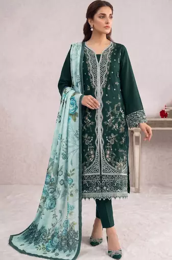 Dark sea green embroidered cotton salwar suit