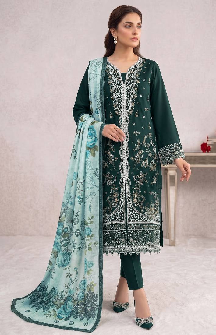 Dark sea green embroidered cotton salwar suit