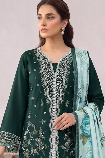 Dark sea green embroidered cotton salwar suit