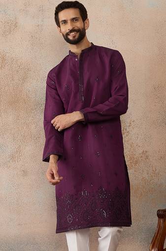 Men purple silk blend embroidered straight kurta