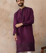 Men purple silk blend embroidered straight kurta