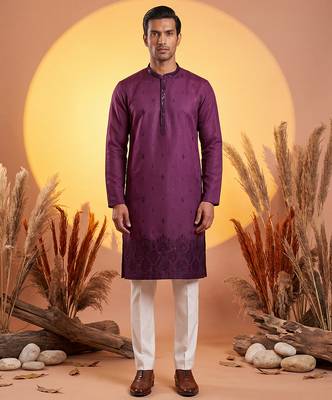 Men purple silk blend embroidered straight kurta 1