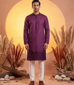 Men purple silk blend embroidered straight kurta