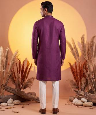Men purple silk blend embroidered straight kurta 4