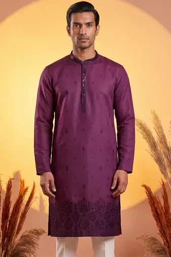 Men purple silk blend embroidered straight kurta
