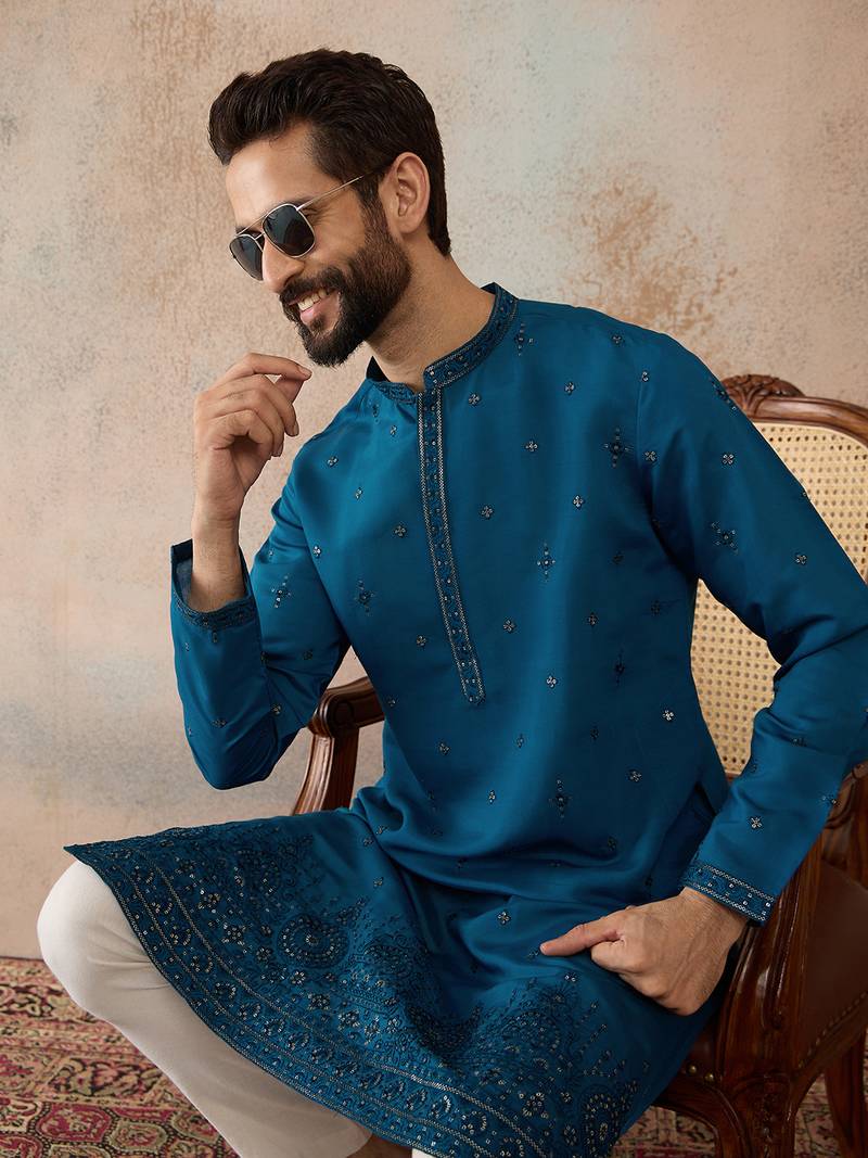 Men blue silk blend embroidered straight kurta