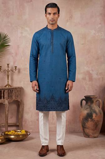 Men blue silk blend embroidered straight kurta