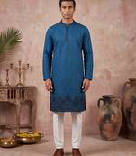 Men blue silk blend embroidered straight kurta