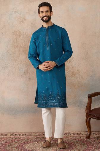Men blue silk blend embroidered straight kurta