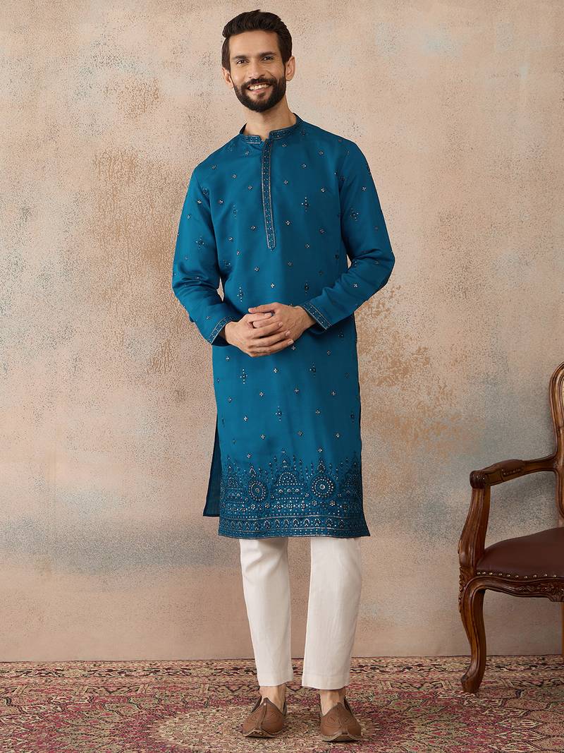 Men blue silk blend embroidered straight kurta