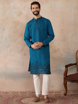 Men blue silk blend embroidered straight kurta 1
