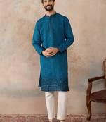 Men blue silk blend embroidered straight kurta