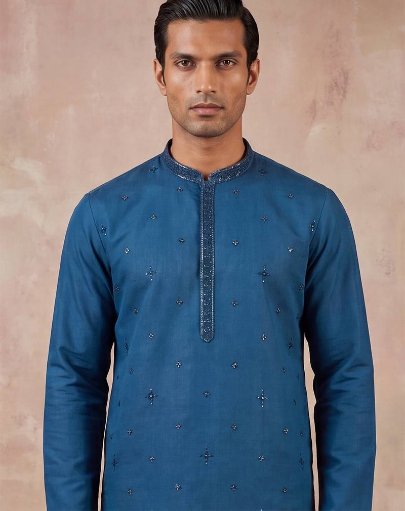 Men blue silk blend embroidered straight kurta