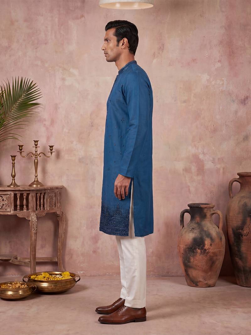 Men blue silk blend embroidered straight kurta
