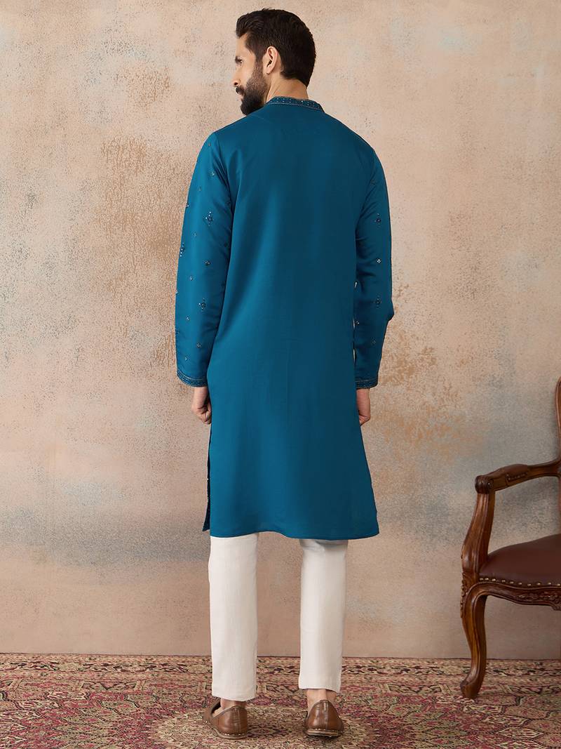 Men blue silk blend embroidered straight kurta