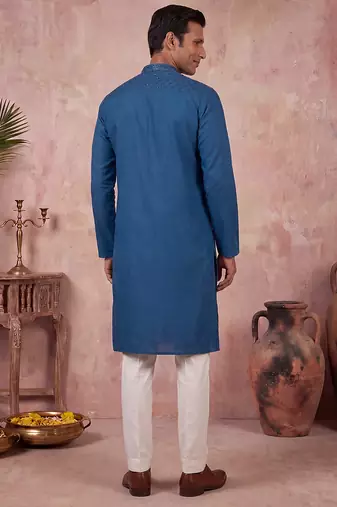 Men blue silk blend embroidered straight kurta