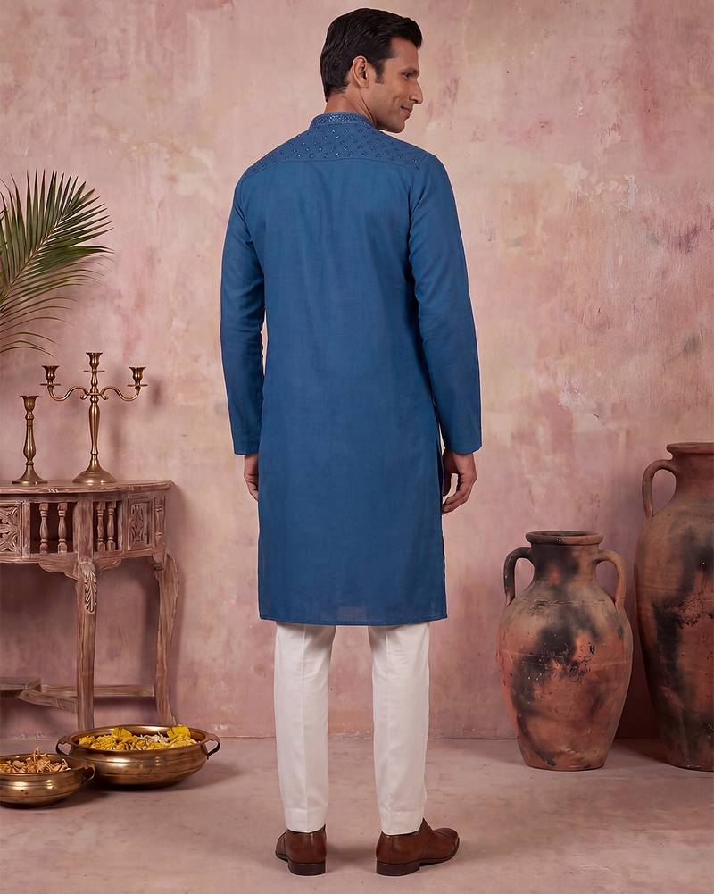 Men blue silk blend embroidered straight kurta