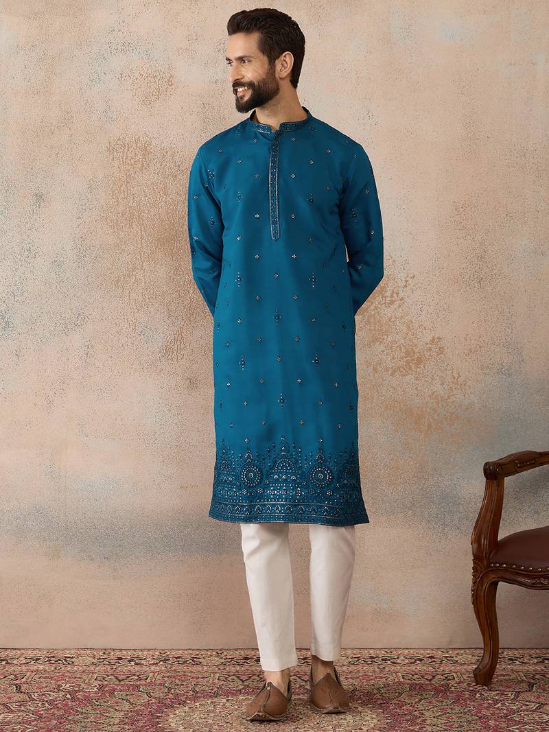 Men blue silk blend embroidered straight kurta