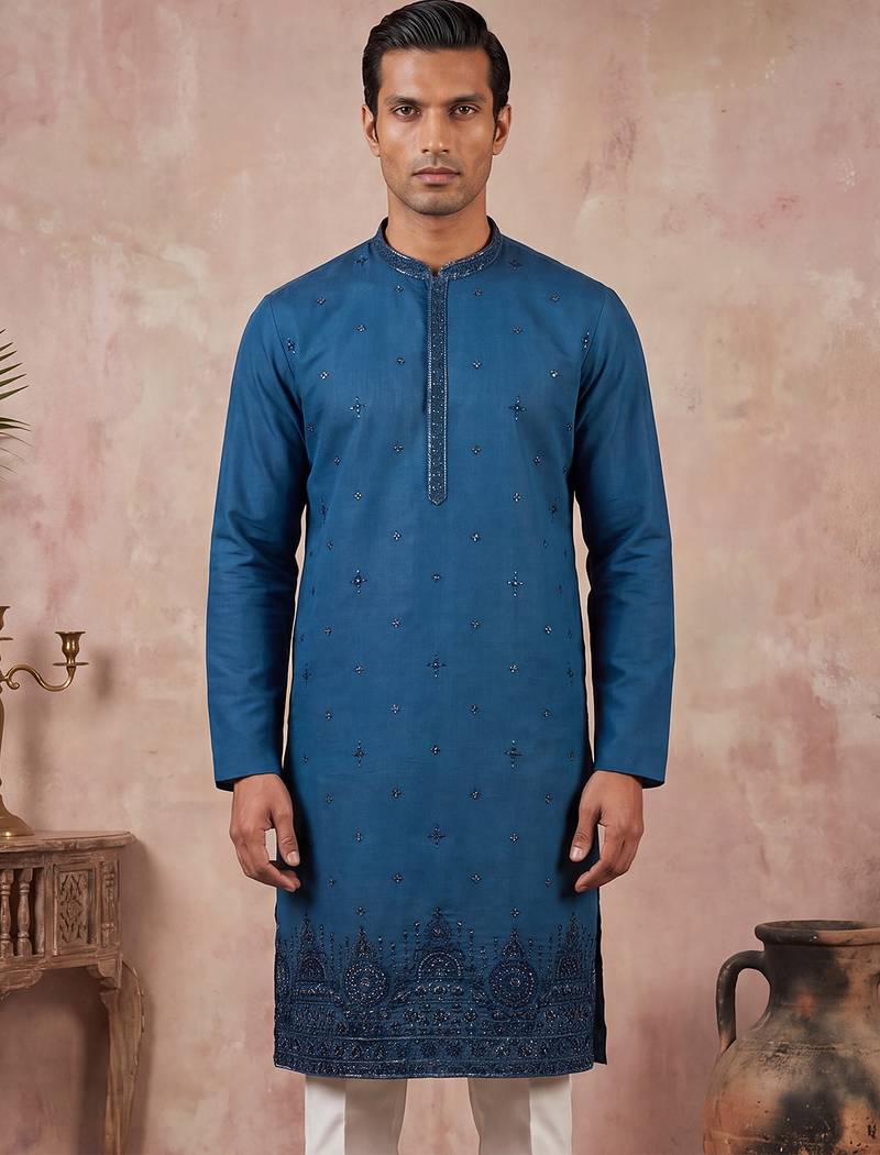 Men blue silk blend embroidered straight kurta