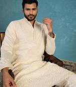 Men off white silk blend embroidered straight kurta