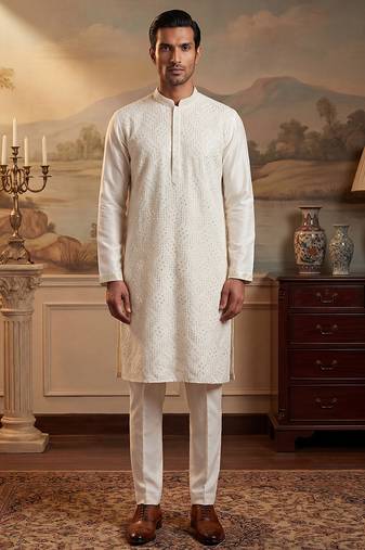 Men off white silk blend embroidered straight kurta