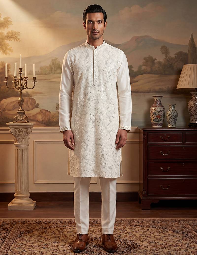 Men off white silk blend embroidered straight kurta