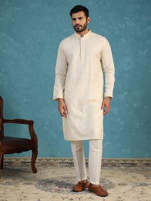 Men off white silk blend embroidered straight kurta 5