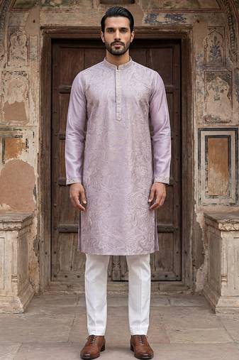 Men lavender silk blend embroidered straight kurta