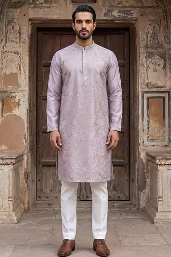 Men lavender silk blend embroidered straight kurta